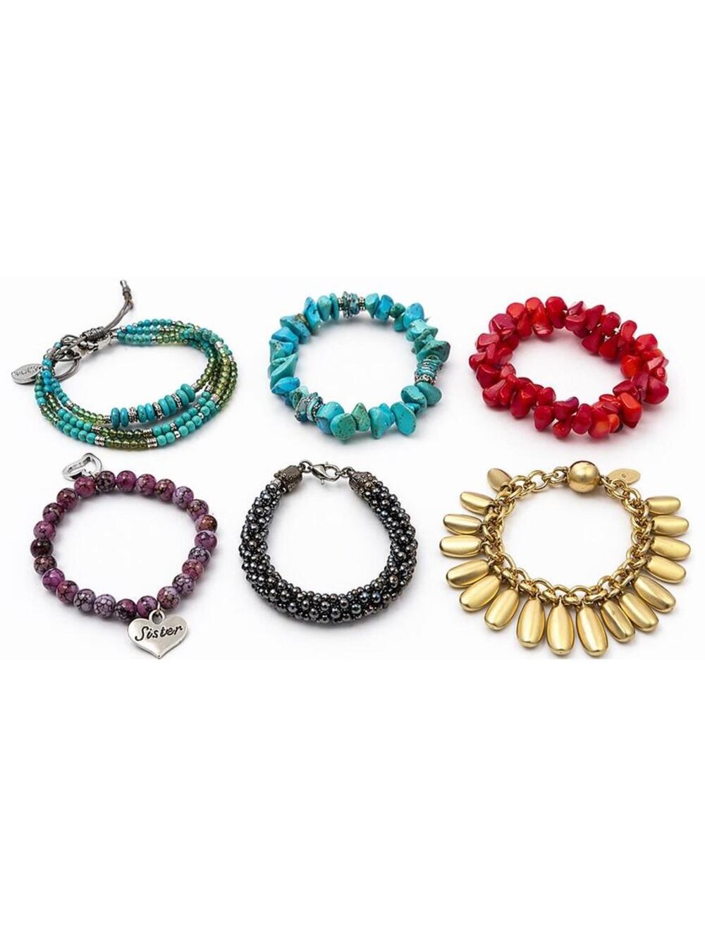 Bracelet Lot 6pc Beaded Stretch Charm Leather Gold Tone Statement Jewelry